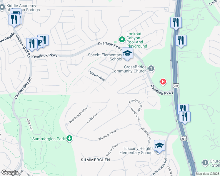 map of restaurants, bars, coffee shops, grocery stores, and more near 1732 Mason King in San Antonio