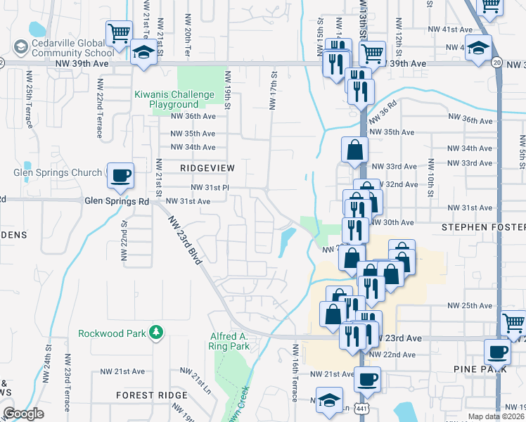 map of restaurants, bars, coffee shops, grocery stores, and more near 1579 Northwest 29 Road in Gainesville