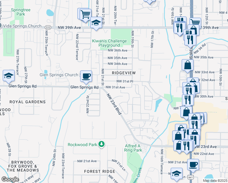 map of restaurants, bars, coffee shops, grocery stores, and more near 3059 Northwest 28th Circle in Gainesville
