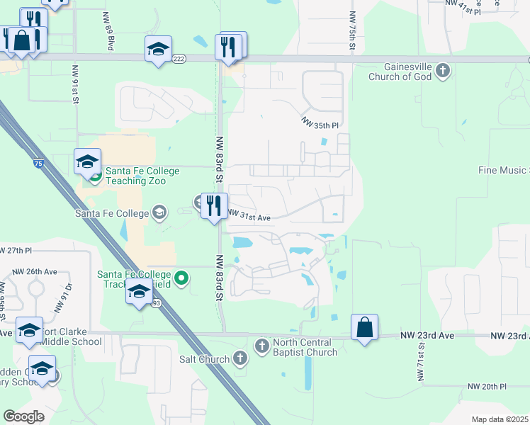map of restaurants, bars, coffee shops, grocery stores, and more near 8008 Northwest 31 Avenue in Gainesville