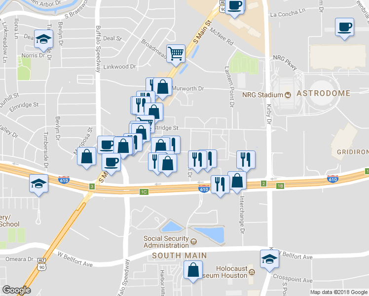 map of restaurants, bars, coffee shops, grocery stores, and more near 2814 South Bartell Drive in Houston