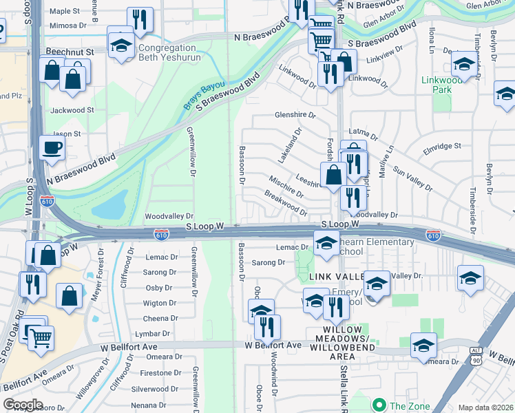 map of restaurants, bars, coffee shops, grocery stores, and more near 4155 Denbury Way in Houston