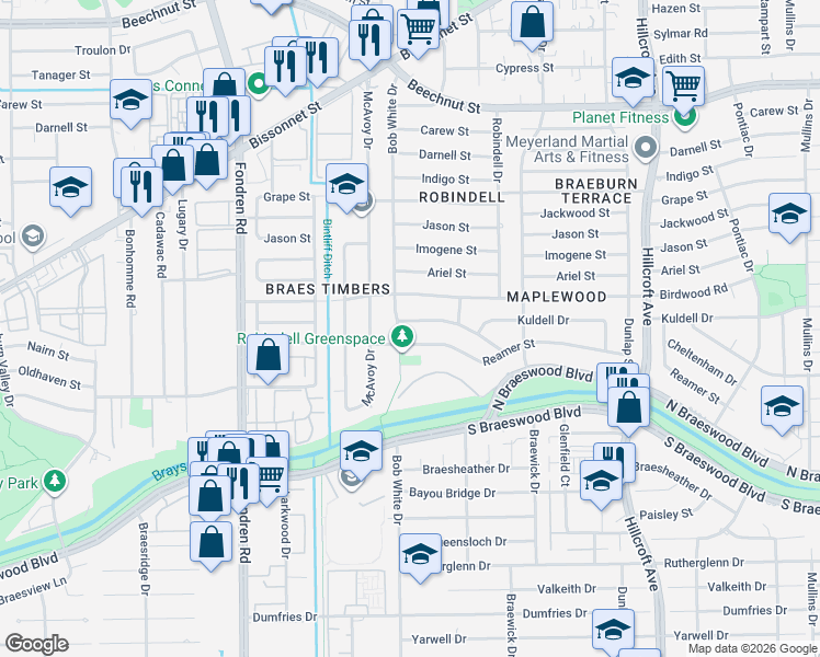 map of restaurants, bars, coffee shops, grocery stores, and more near 6234 Reamer Street in Houston