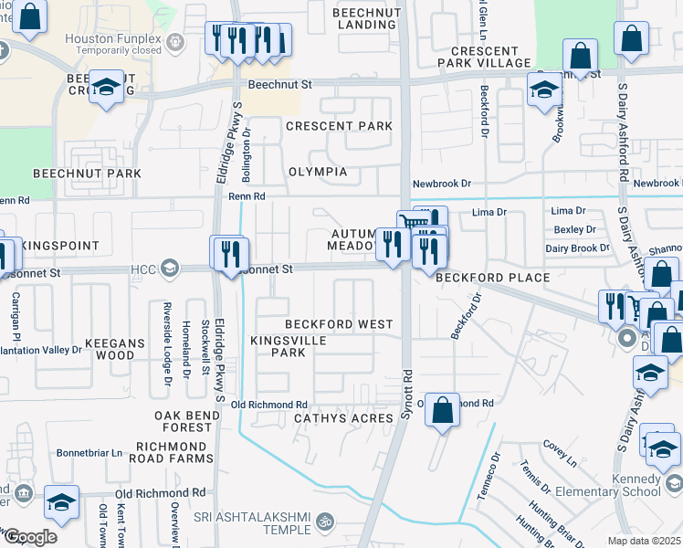 map of restaurants, bars, coffee shops, grocery stores, and more near 13318 Barranca Drive in Houston