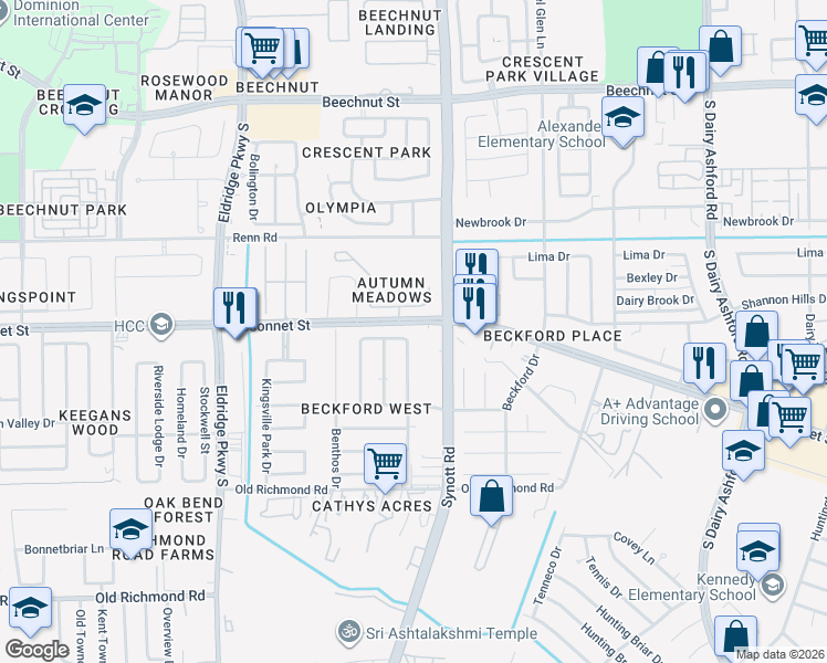 map of restaurants, bars, coffee shops, grocery stores, and more near 13210 Barranca Drive in Houston