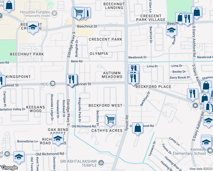 map of restaurants, bars, coffee shops, grocery stores, and more near 13318 Barranca Drive in Houston