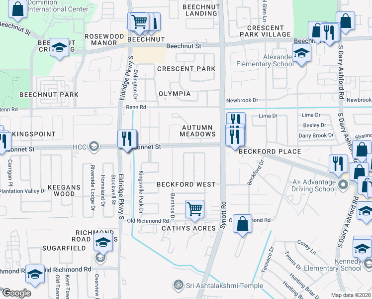 map of restaurants, bars, coffee shops, grocery stores, and more near 13318 Barranca Drive in Houston