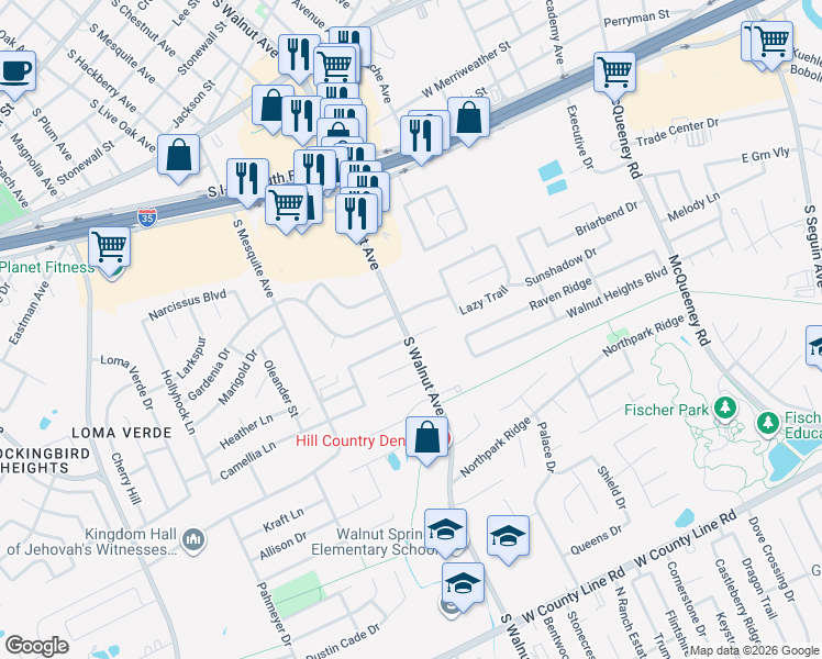 map of restaurants, bars, coffee shops, grocery stores, and more near 1039 Camellia Lane in New Braunfels