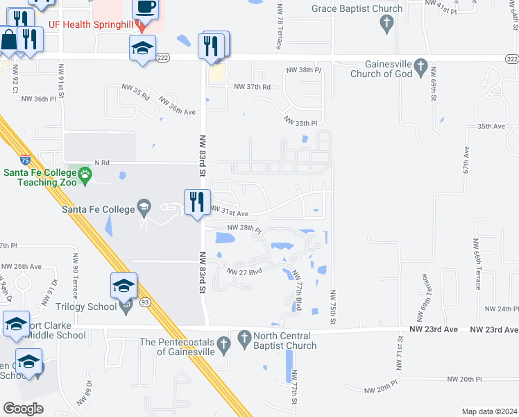 map of restaurants, bars, coffee shops, grocery stores, and more near 7908 Northwest 31 Avenue in Gainesville