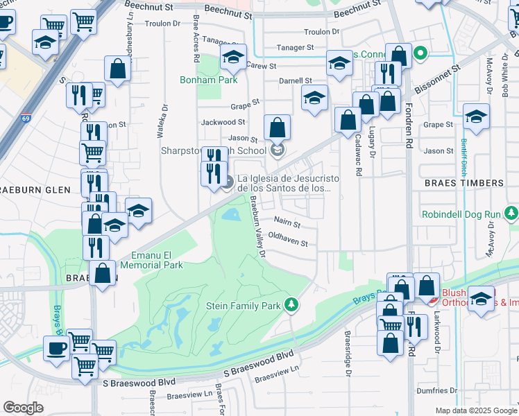 map of restaurants, bars, coffee shops, grocery stores, and more near 9102 Braeburn Valley Drive in Houston
