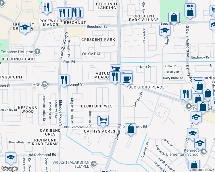 map of restaurants, bars, coffee shops, grocery stores, and more near 13210 Barranca Drive in Houston