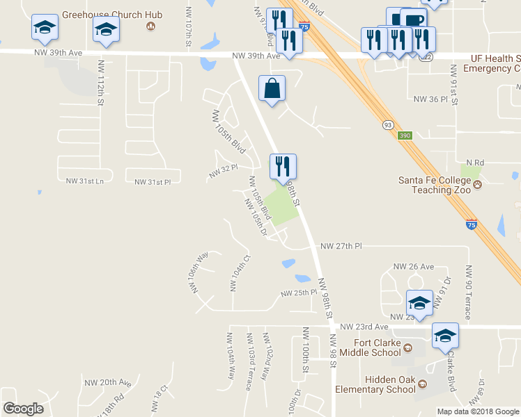 map of restaurants, bars, coffee shops, grocery stores, and more near 10506 Northwest 29th Lane in Gainesville