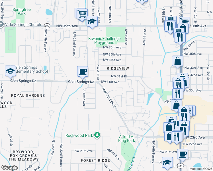 map of restaurants, bars, coffee shops, grocery stores, and more near 3071 Northwest 28th Circle in Gainesville