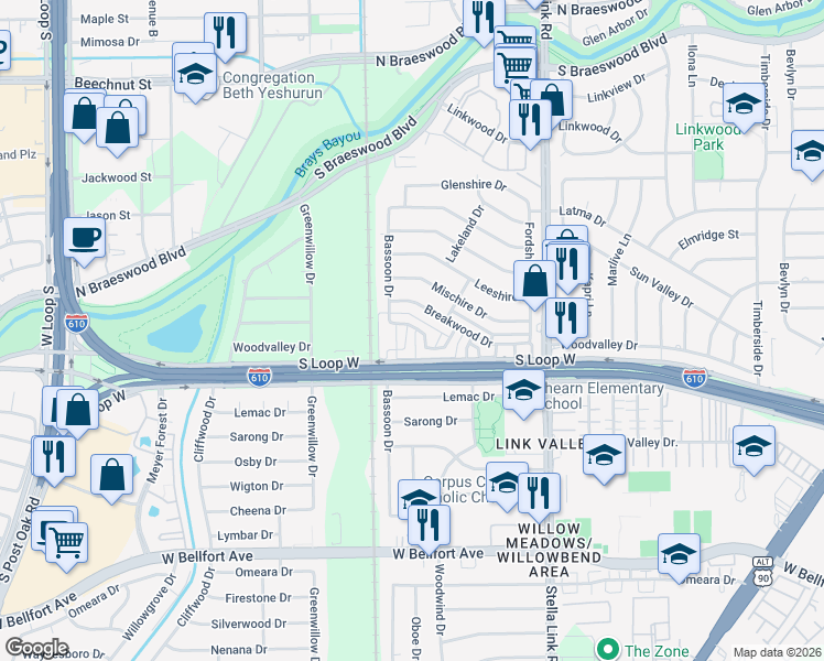 map of restaurants, bars, coffee shops, grocery stores, and more near 4155 Denbury Way in Houston