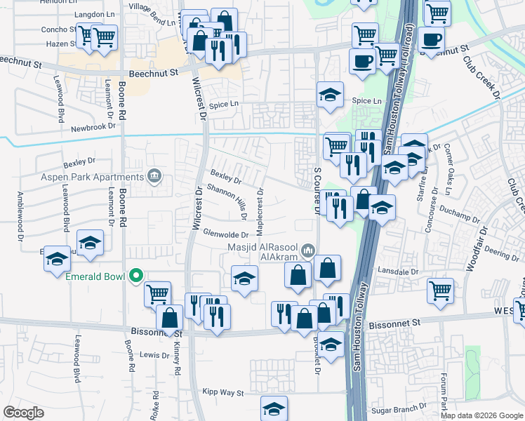 map of restaurants, bars, coffee shops, grocery stores, and more near 8910 Maplecrest Drive in Houston