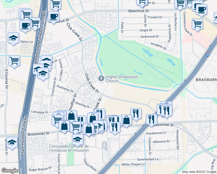 map of restaurants, bars, coffee shops, grocery stores, and more near 9101 Country Creek Street in Houston