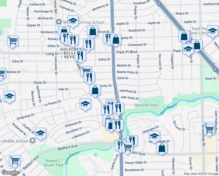 map of restaurants, bars, coffee shops, grocery stores, and more near 7551 Hereford Street in Houston