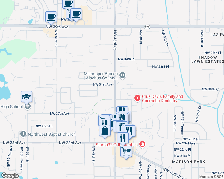 map of restaurants, bars, coffee shops, grocery stores, and more near 3002 Northwest 43rd Street in Gainesville