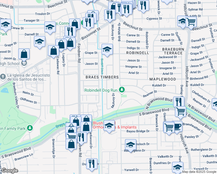map of restaurants, bars, coffee shops, grocery stores, and more near 9003 Bintliff Drive in Houston