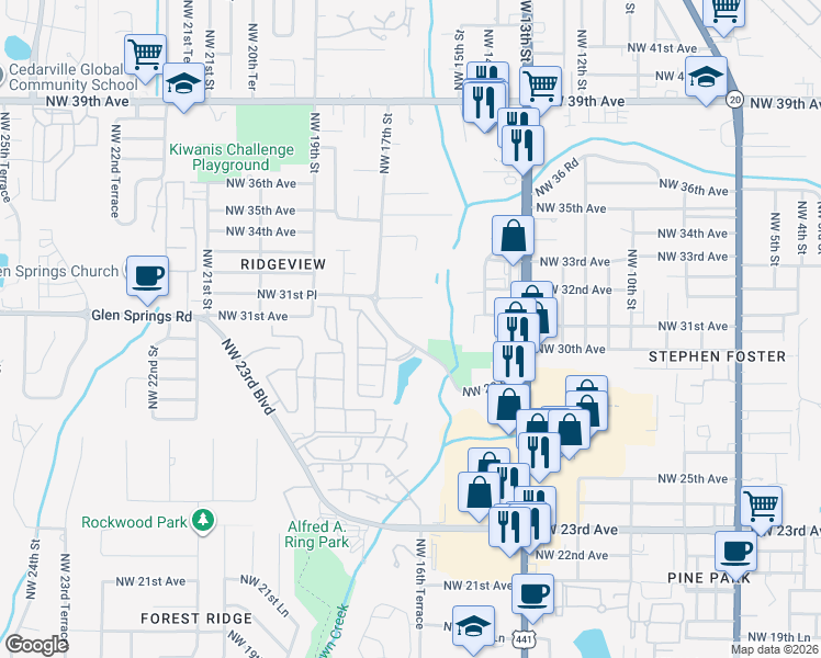 map of restaurants, bars, coffee shops, grocery stores, and more near 1630 Northwest 29 Road in Gainesville