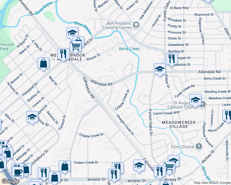 map of restaurants, bars, coffee shops, grocery stores, and more near 61 Silver Creek Drive in Houston