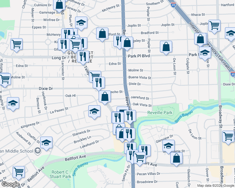 map of restaurants, bars, coffee shops, grocery stores, and more near 7519 Hereford Street in Houston