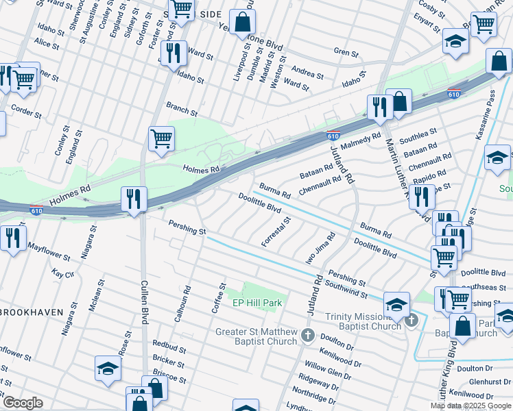 map of restaurants, bars, coffee shops, grocery stores, and more near 7314 Dunkirk Road in Houston