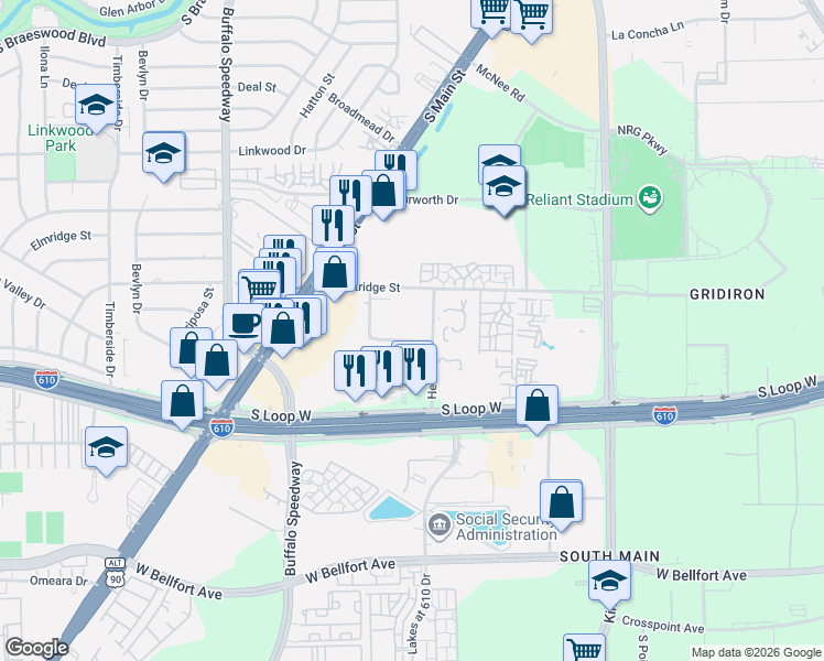map of restaurants, bars, coffee shops, grocery stores, and more near 2814 South Bartell Drive in Houston