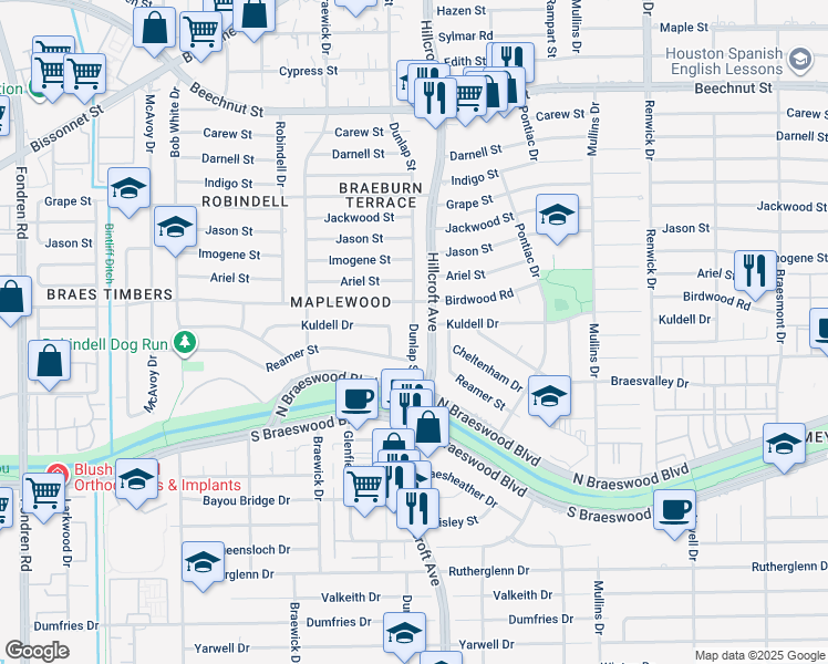 map of restaurants, bars, coffee shops, grocery stores, and more near 9007 Dunlap Street in Houston