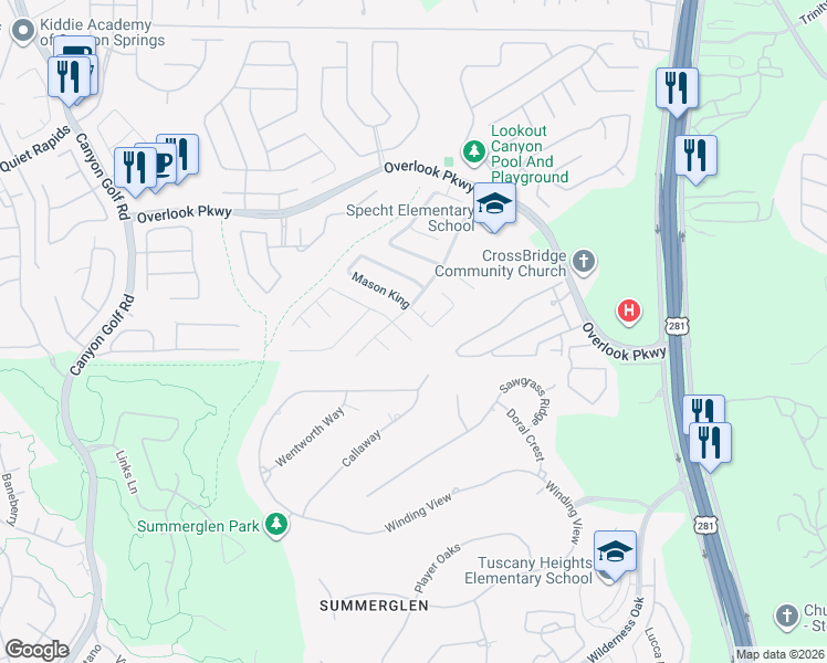 map of restaurants, bars, coffee shops, grocery stores, and more near 1732 Mason King in San Antonio