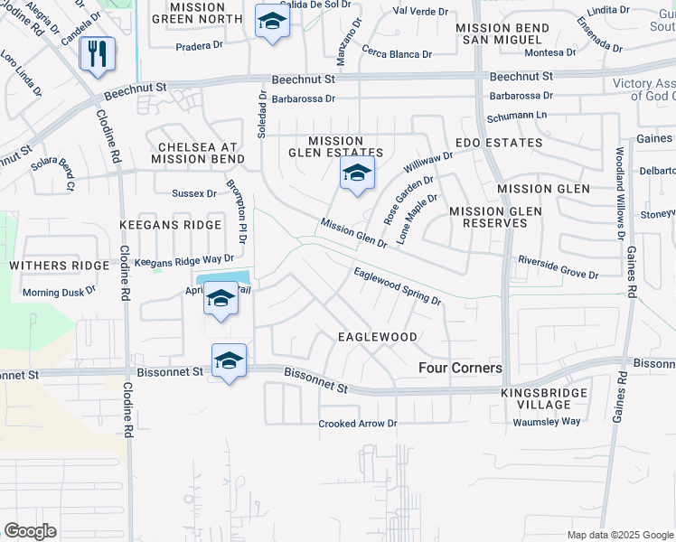 map of restaurants, bars, coffee shops, grocery stores, and more near 16110 Williwaw Drive in Houston