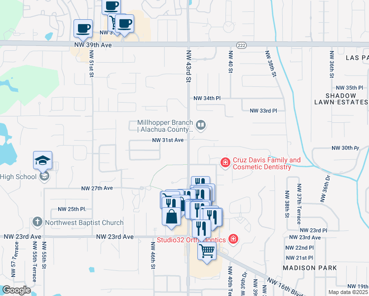 map of restaurants, bars, coffee shops, grocery stores, and more near 3002 Northwest 43rd Street in Gainesville