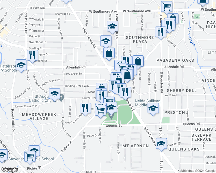 map of restaurants, bars, coffee shops, grocery stores, and more near 2012 Lazy Creek Lane in Houston