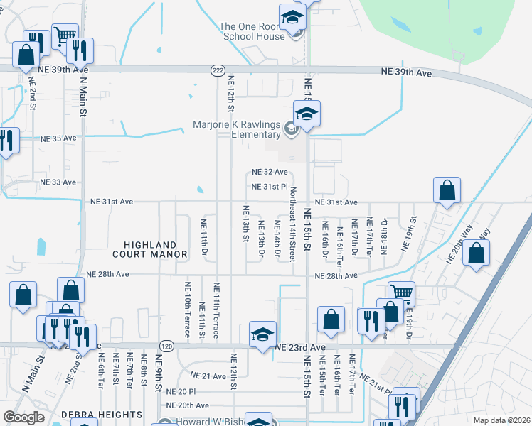 map of restaurants, bars, coffee shops, grocery stores, and more near 3015 Northeast 13th Drive in Gainesville
