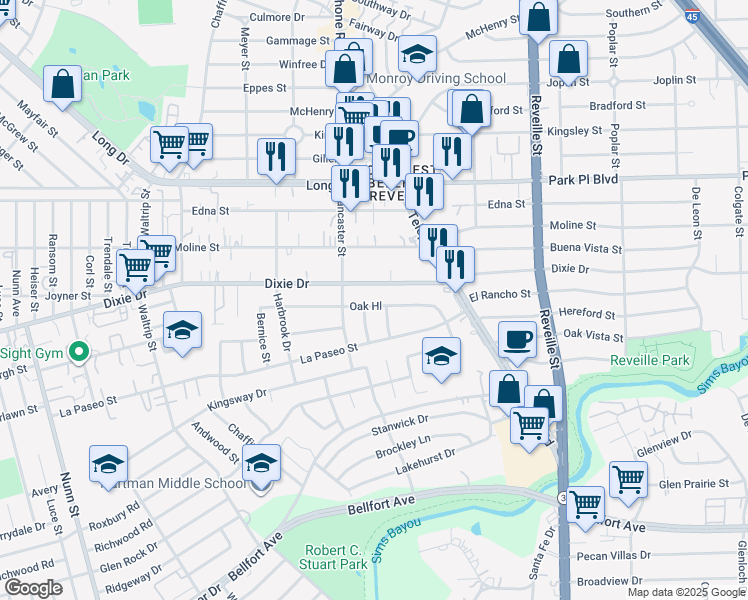 map of restaurants, bars, coffee shops, grocery stores, and more near 7308 Oak Hill in Houston