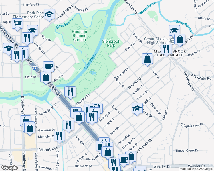 map of restaurants, bars, coffee shops, grocery stores, and more near 8125 Bonner Drive in Houston