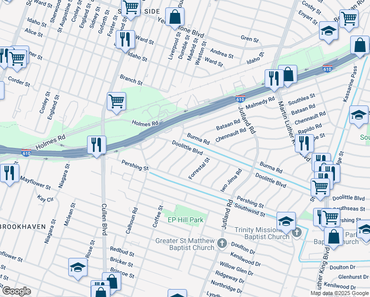 map of restaurants, bars, coffee shops, grocery stores, and more near 7314 Dunkirk Road in Houston