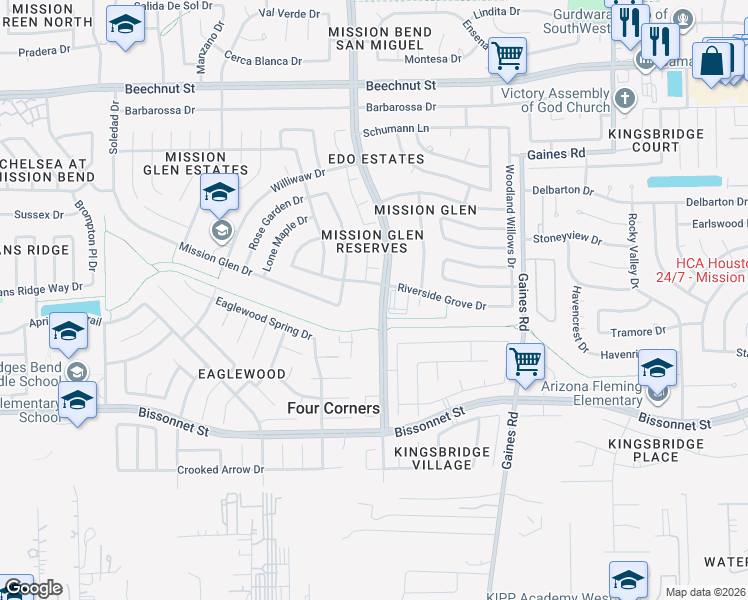 map of restaurants, bars, coffee shops, grocery stores, and more near Addicks Clodine Road in Houston