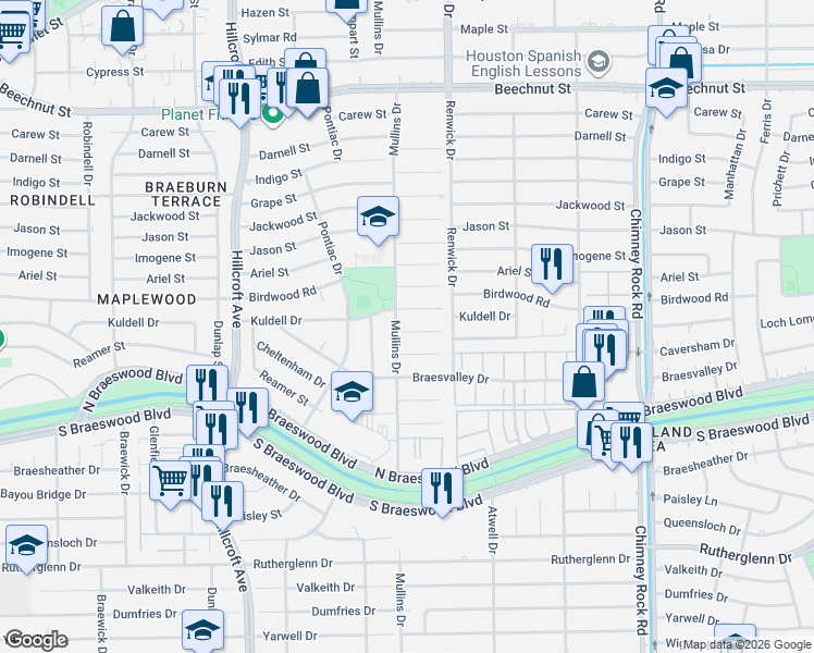 map of restaurants, bars, coffee shops, grocery stores, and more near 5519 Loch Lomond Drive in Houston
