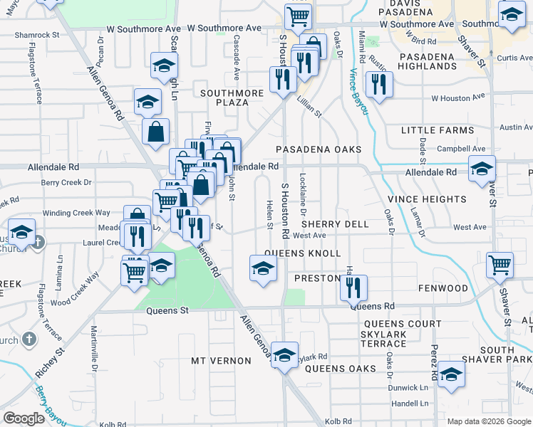 map of restaurants, bars, coffee shops, grocery stores, and more near 2108 Helen Street in Pasadena