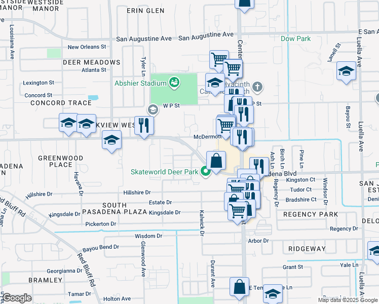 map of restaurants, bars, coffee shops, grocery stores, and more near 500 West Pasadena Boulevard in Deer Park