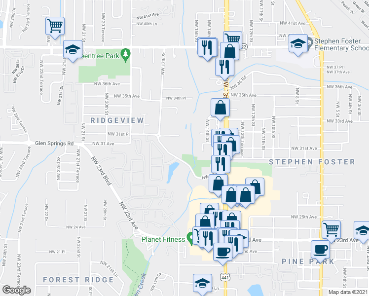 map of restaurants, bars, coffee shops, grocery stores, and more near 1560 Northwest 29 Road in Gainesville