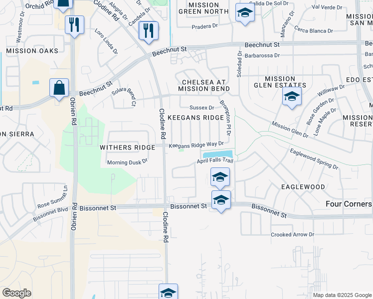 map of restaurants, bars, coffee shops, grocery stores, and more near 16703 Keegans Ridge Way Drive in Houston