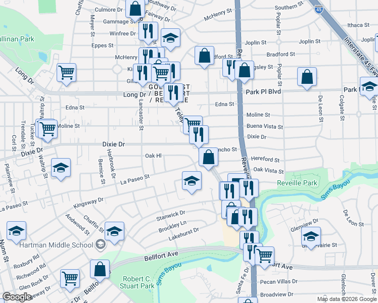map of restaurants, bars, coffee shops, grocery stores, and more near 7340 Oak Hill in Houston