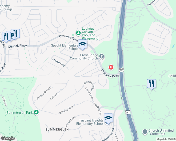 map of restaurants, bars, coffee shops, grocery stores, and more near 25675 Overlook Parkway in San Antonio