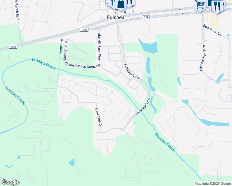 map of restaurants, bars, coffee shops, grocery stores, and more near 30430 Watershed Way in Fulshear