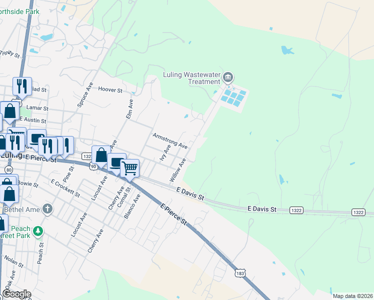 map of restaurants, bars, coffee shops, grocery stores, and more near 1611 Cummings Street in Luling