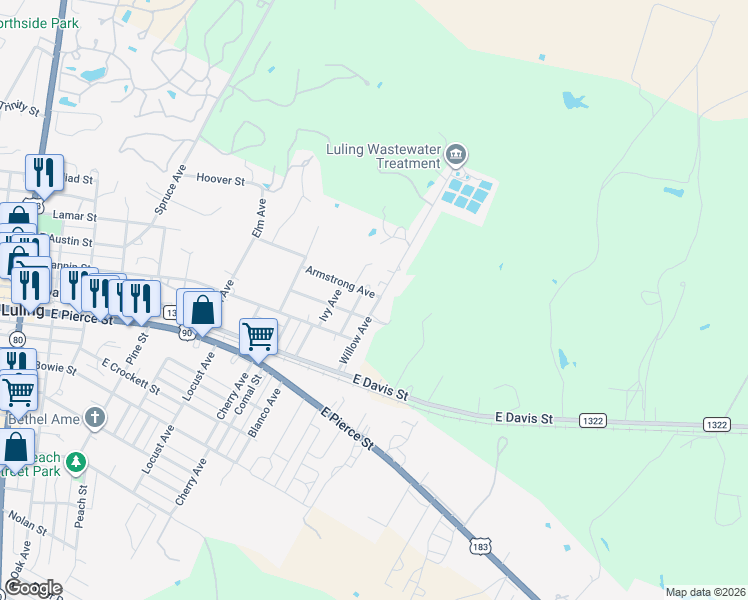map of restaurants, bars, coffee shops, grocery stores, and more near 1611 Cummings Street in Luling