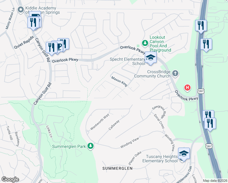 map of restaurants, bars, coffee shops, grocery stores, and more near 25626 Gold Yarrow in San Antonio