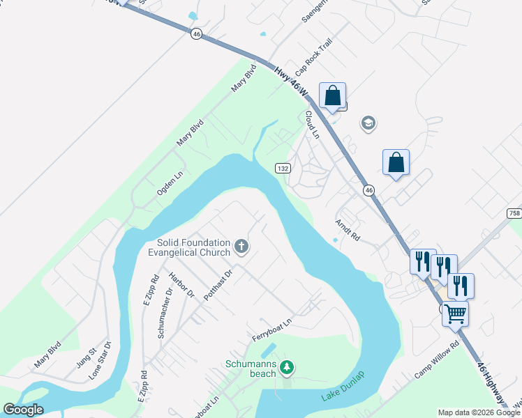 map of restaurants, bars, coffee shops, grocery stores, and more near 1443 East Zipp Road in New Braunfels